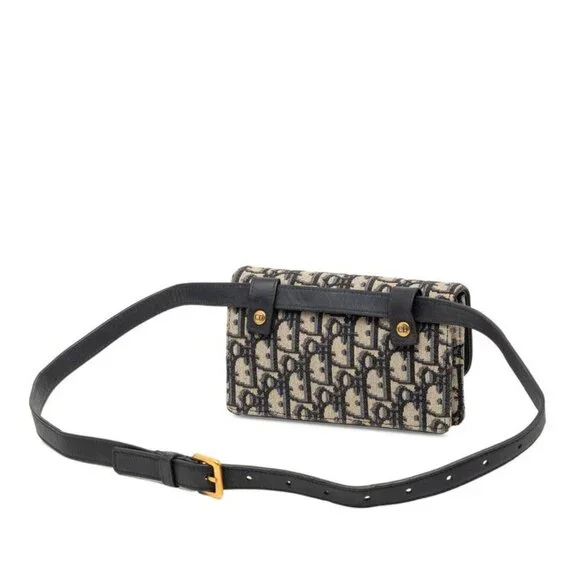 Dior Oblique Saddle Waist Bag Body Bag Shoulder Bag Beige Navy Canvas Leather - Picture 2 of 6